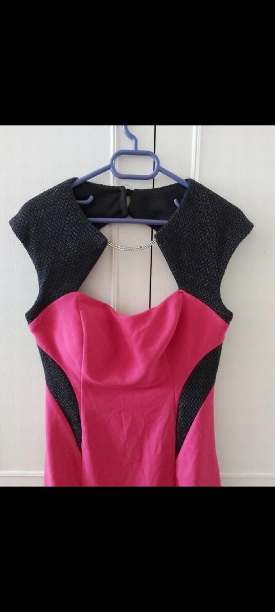 Pembe Siyah Drapeli Midi Abiye Elbise - Görsel 4