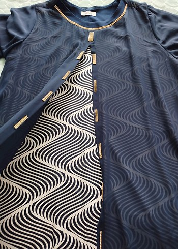 Uzun Kollu Düğmeli Mavi Desenli Elbise - Görsel 2