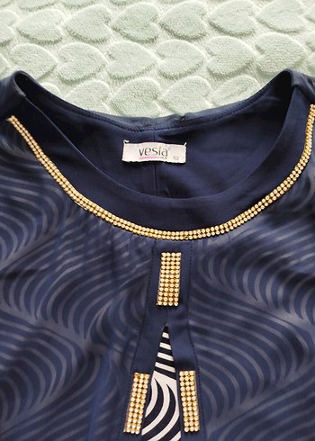 Uzun Kollu Düğmeli Mavi Desenli Elbise - Görsel 3