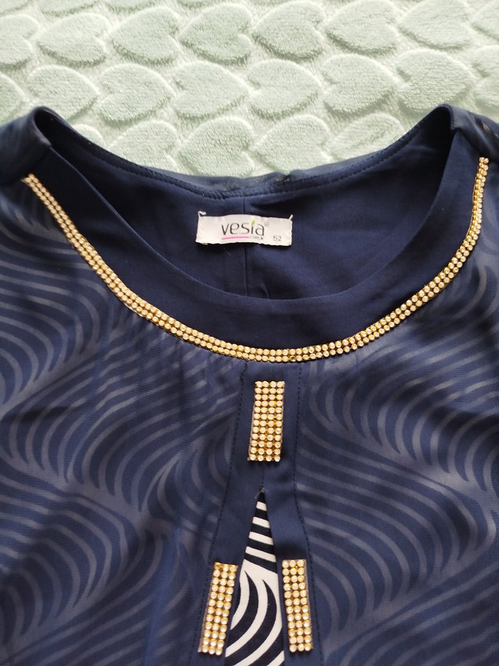 Uzun Kollu Düğmeli Mavi Desenli Elbise - Görsel 3