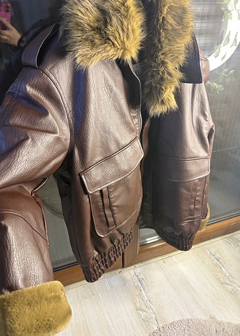 Kahverengi Deri Kadın Mont Kürklü Yaka - Görsel 3