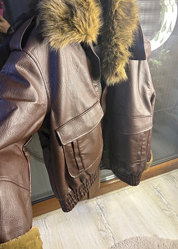 Kahverengi Deri Kadın Mont Kürklü Yaka - Görsel 2