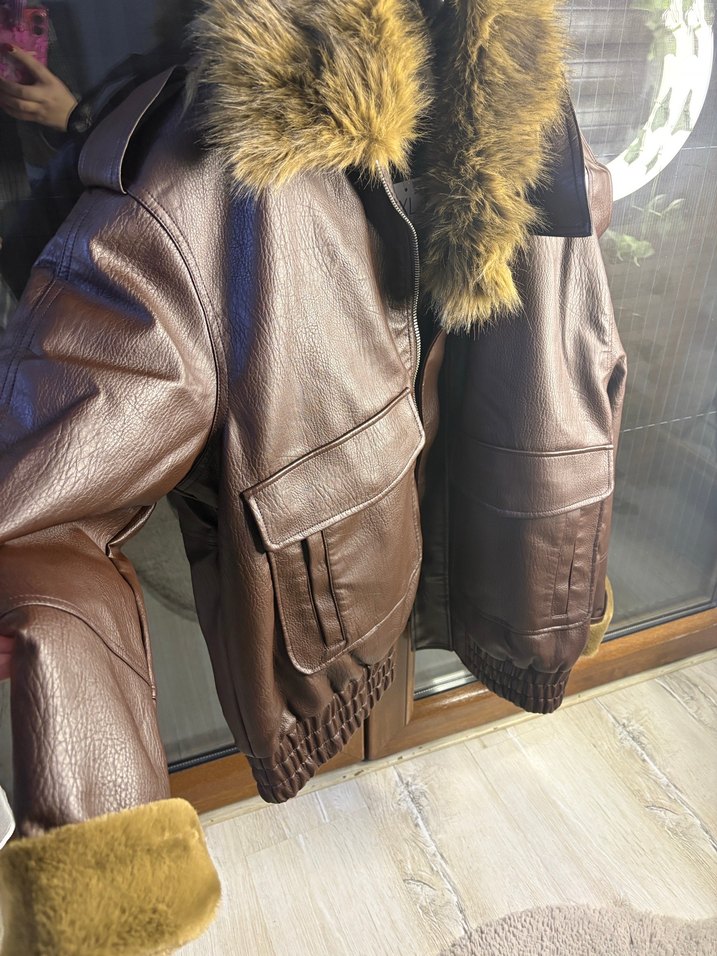 Kahverengi Deri Kadın Mont Kürklü Yaka - Görsel 3