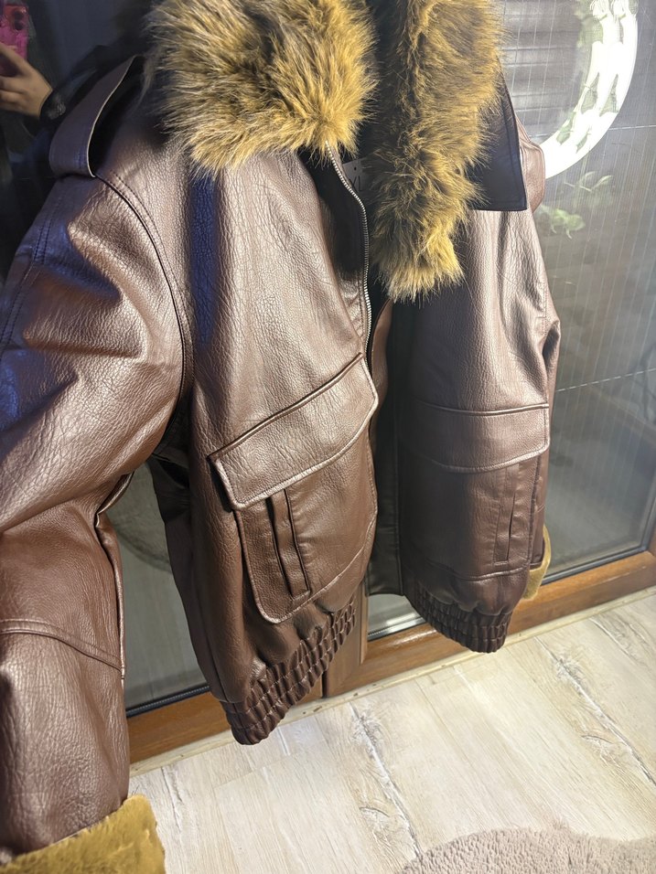 Kahverengi Deri Kadın Mont Kürklü Yaka - Görsel 2