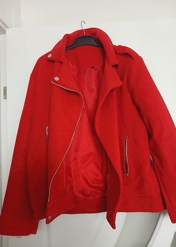 Kırmızı Fermuarlı Kadın Biker Ceket - Görsel 2