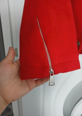 Kırmızı Fermuarlı Kadın Biker Ceket - Görsel 3