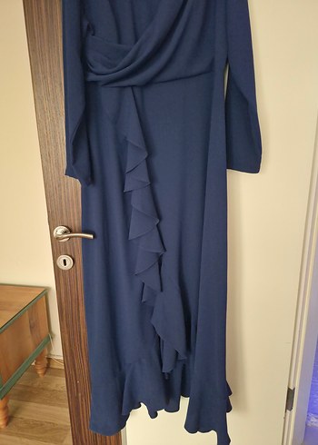 Lacivert Drapeli Uzun Kollu Uzun Elbise - Görsel 3