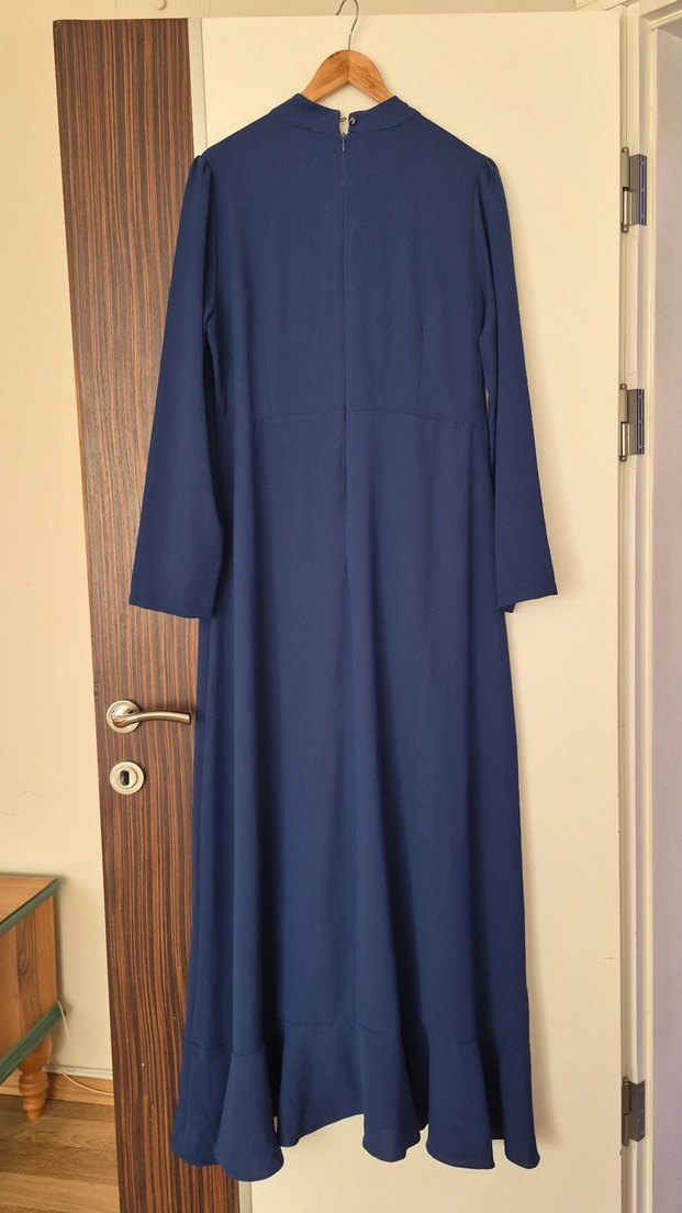 Lacivert Drapeli Uzun Kollu Uzun Elbise - Görsel 2