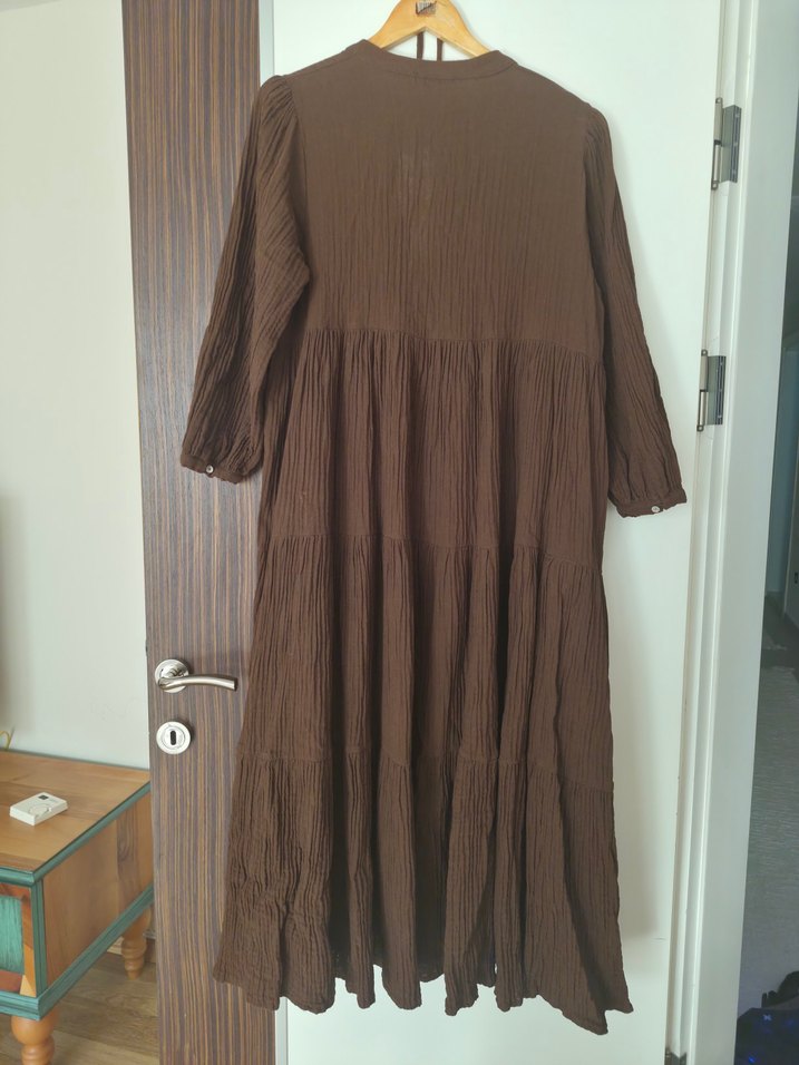 Kadın Kahverengi Uzun Keten Elbise - Görsel 4