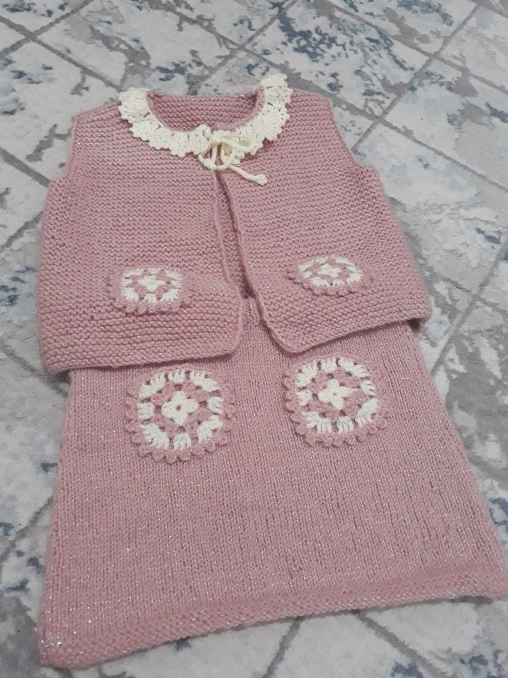 Kız Çocuk Pembe Nakışlı Triko yelek etek Takımı sipariş alınır - Görsel 2