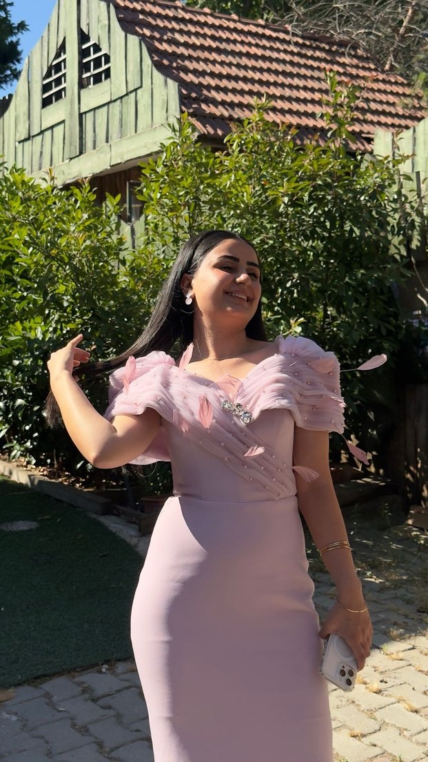 Pudra Pembe Drapeli Uzun Abiye Elbise - Görsel 2