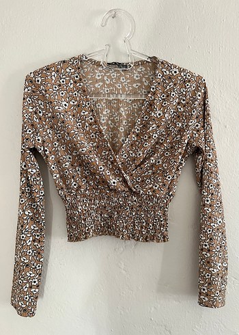 Kahverengi Çiçek Desenli V Yakalı Bluz - Görsel 2