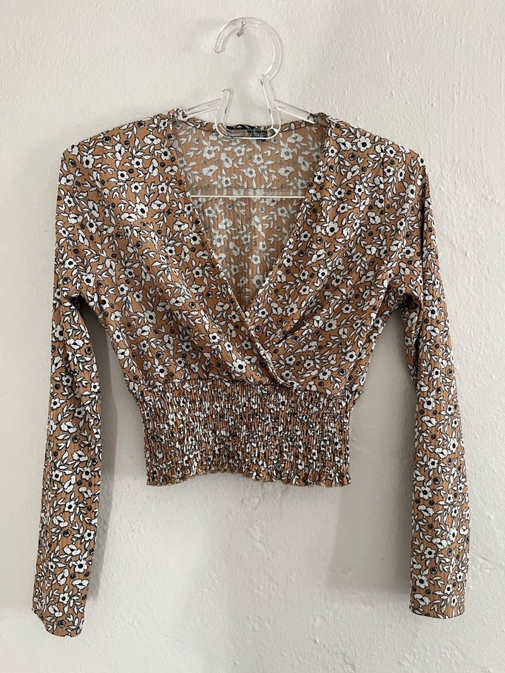 Kahverengi Çiçek Desenli V Yakalı Bluz - Görsel 2