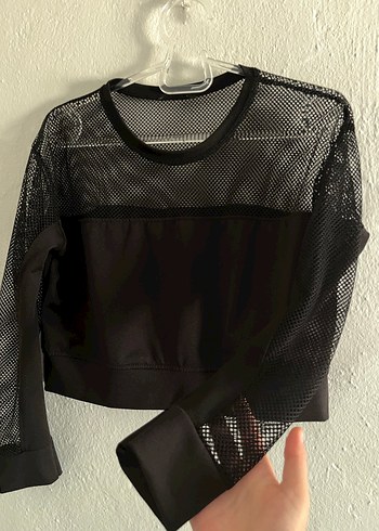 Ambar Siyah File Uzun Kollu Crop Top - Görsel 2