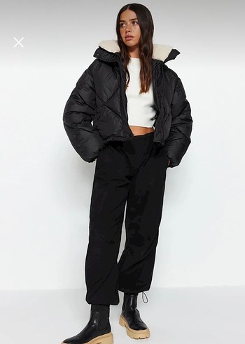 Siyah Peluş Kürklü Kadın Mont - Görsel 3