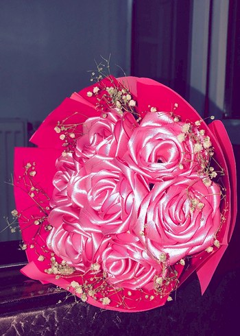 Pembe Saten Gül Buketi - Görsel 4