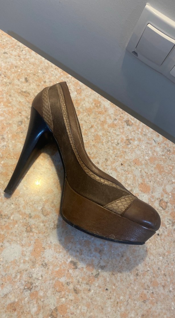 Kahverengi Deri Kadın Dolgu Topuk Ayakkabı - Görsel 4