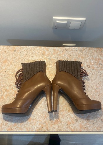 Divarese,Örgü Detaylı Kahverengi Gerçek Deri Platform Topuklu - Görsel 5