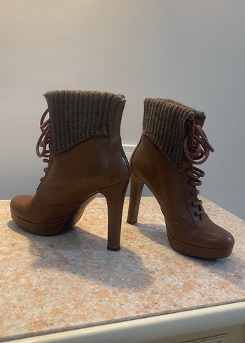 Divarese,Örgü Detaylı Kahverengi Gerçek Deri Platform Topuklu - Görsel 18