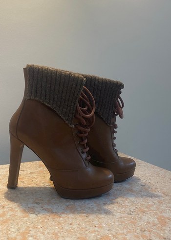 Divarese,Örgü Detaylı Kahverengi Gerçek Deri Platform Topuklu - Görsel 14