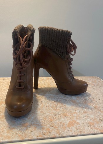 Divarese,Örgü Detaylı Kahverengi Gerçek Deri Platform Topuklu - Görsel 16