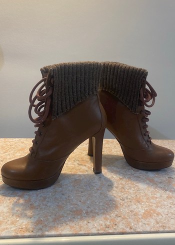 Divarese,Örgü Detaylı Kahverengi Gerçek Deri Platform Topuklu - Görsel 17