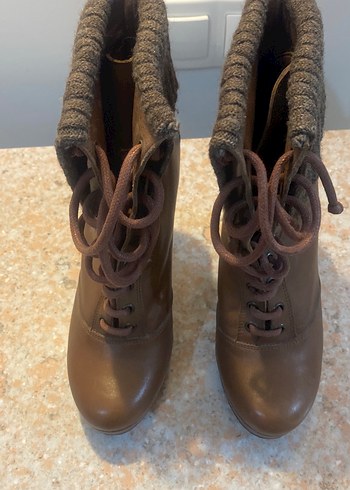 Divarese,Örgü Detaylı Kahverengi Gerçek Deri Platform Topuklu - Görsel 2