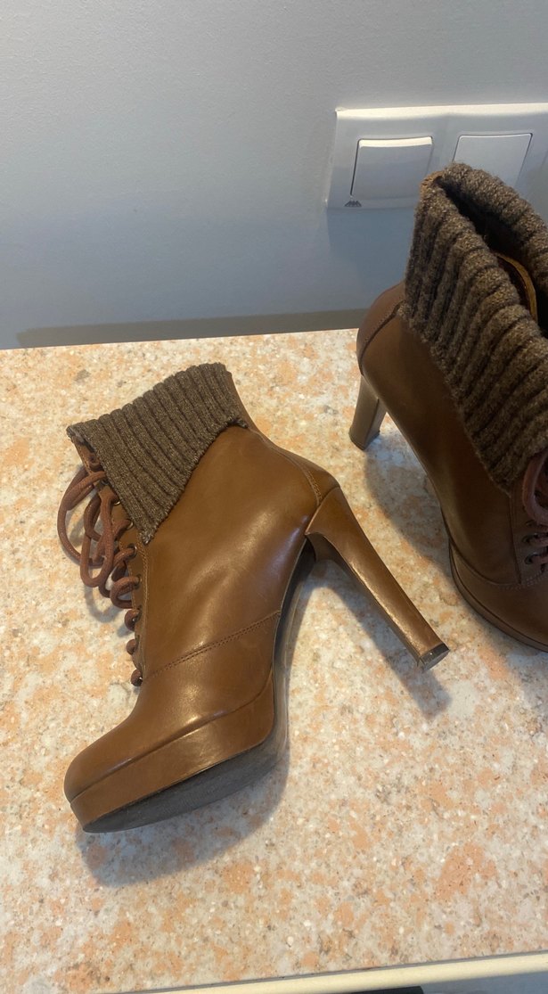 Divarese,Örgü Detaylı Kahverengi Gerçek Deri Platform Topuklu - Görsel 4