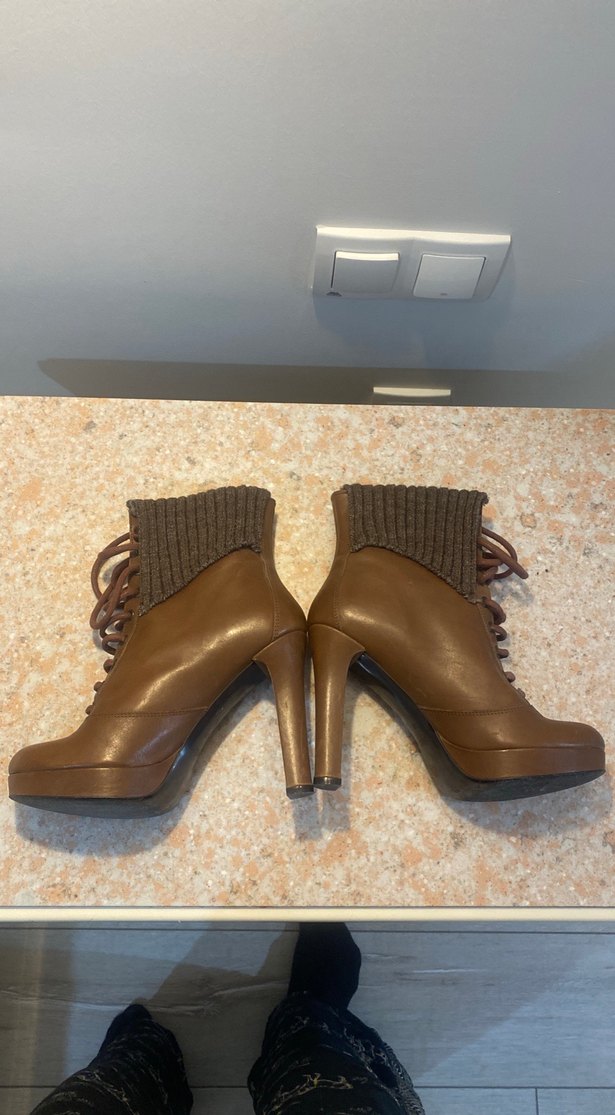 Divarese,Örgü Detaylı Kahverengi Gerçek Deri Platform Topuklu - Görsel 5