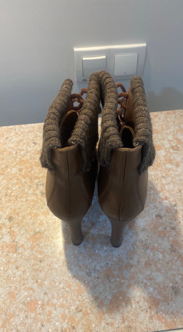 Divarese,Örgü Detaylı Kahverengi Gerçek Deri Platform Topuklu - Görsel 3