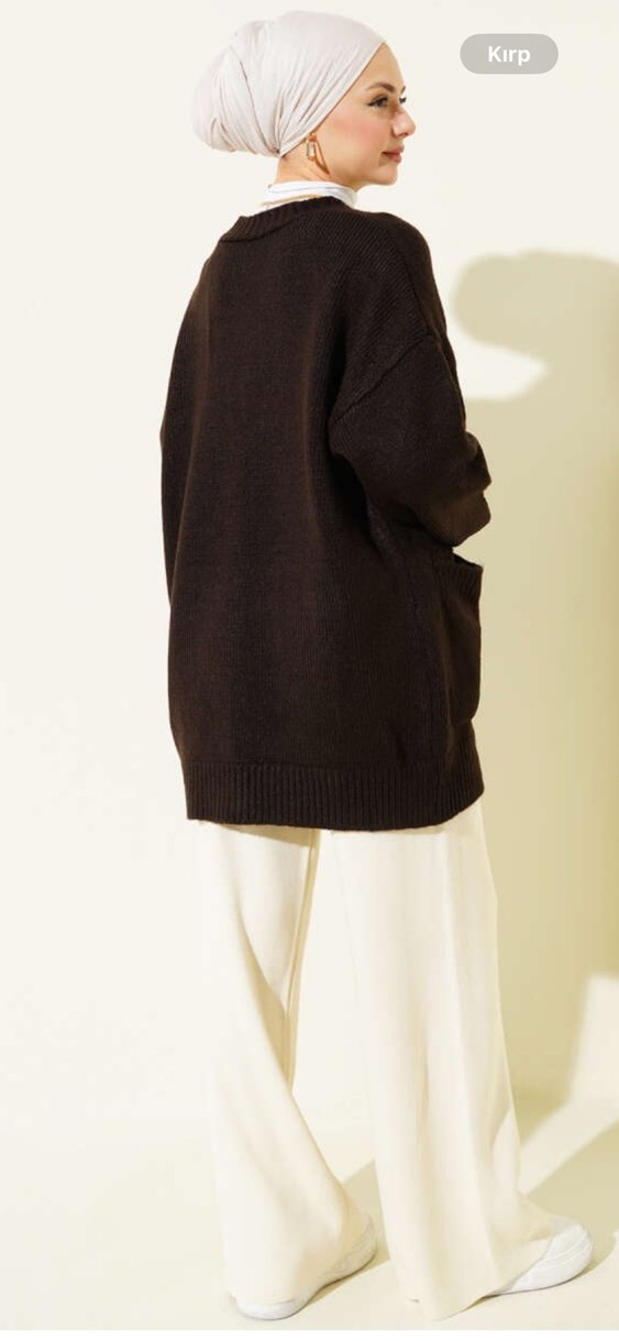 Düğmeli Kahverengi Midi Triko Hırka - Görsel 2