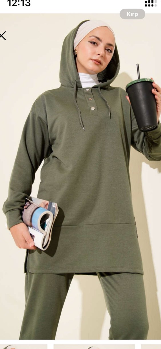 Kadın Kapüşonlu Haki Salaş Eşofman Takımı - Görsel 2