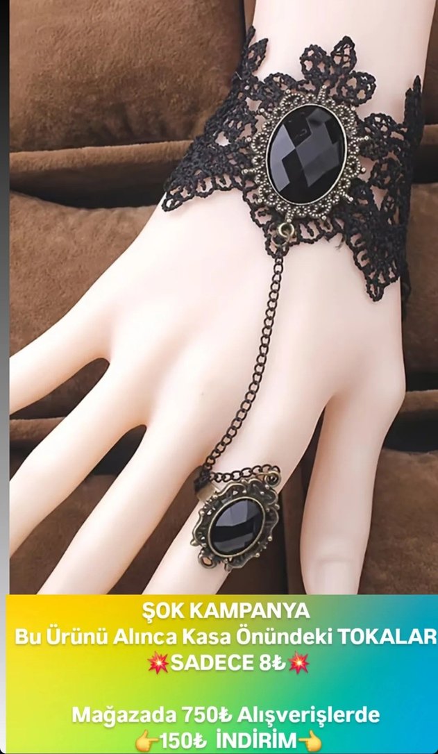 Siyah Nakışlı Zincir Detaylı Gotik Kadın El Zinciri - Görsel 2