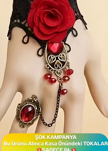 Koyu Kırmızı Zincir Detaylı Gotik Kadın El Zinciri - Görsel 2