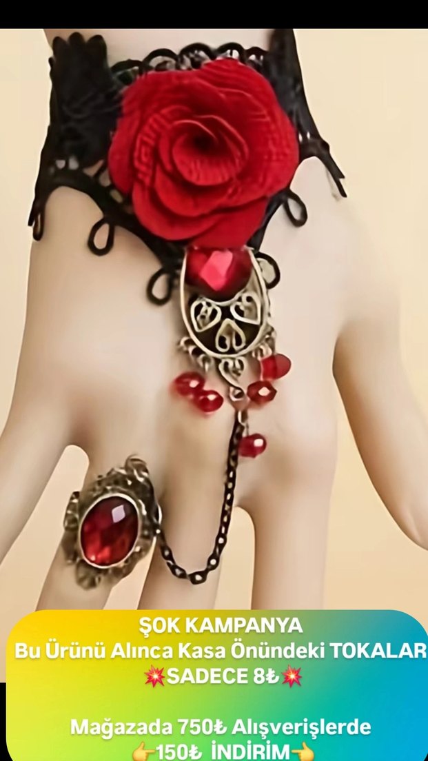 Koyu Kırmızı Zincir Detaylı Gotik Kadın El Zinciri - Görsel 2