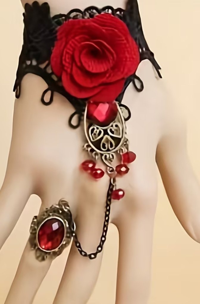 Koyu Kırmızı Zincir Detaylı Gotik Kadın El Zinciri - Görsel 4