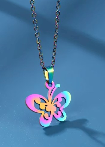 Renkli Kelebek Desenli Zincir Kolye Seti - Görsel 5