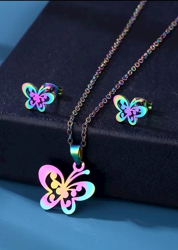 Renkli Kelebek Desenli Zincir Kolye Seti - Görsel 3