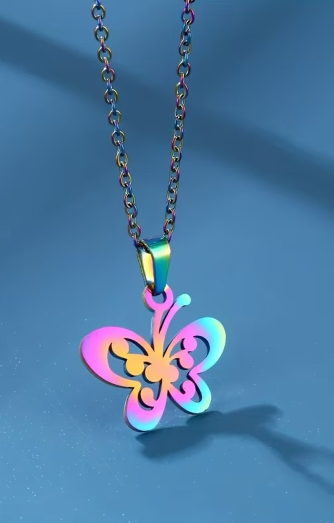 Renkli Kelebek Desenli Zincir Kolye Seti - Görsel 5