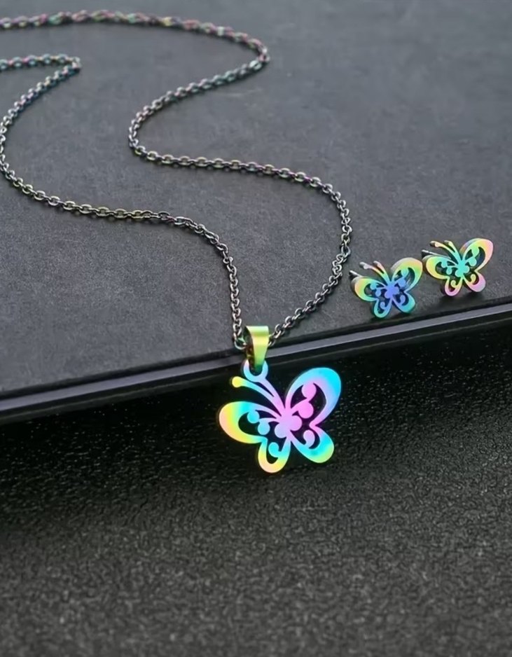 Renkli Kelebek Desenli Zincir Kolye Seti - Görsel 4