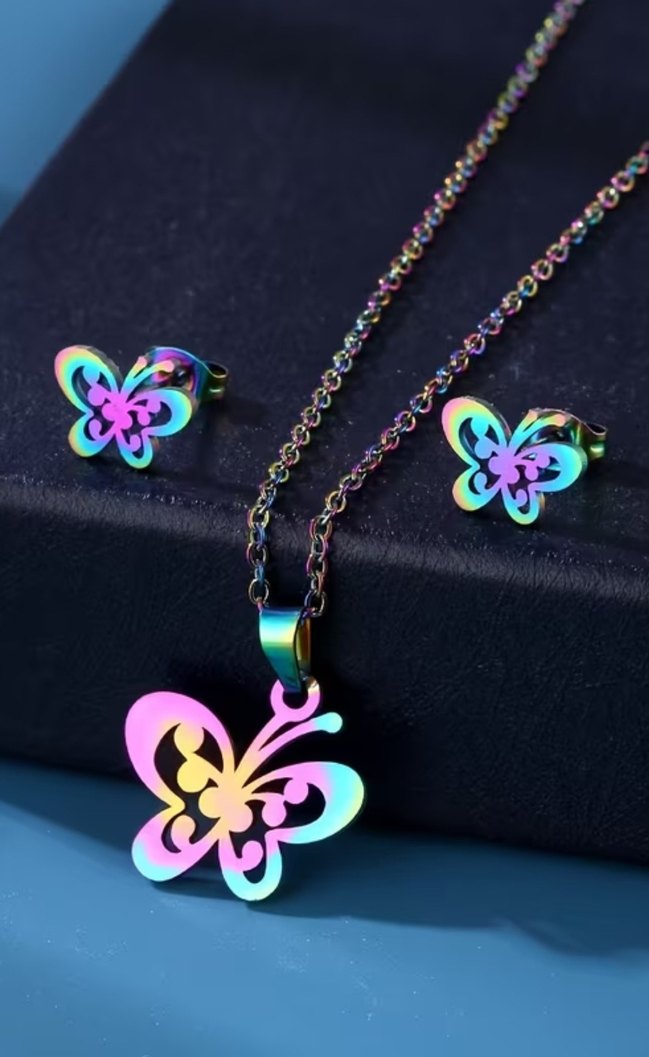 Renkli Kelebek Desenli Zincir Kolye Seti - Görsel 2