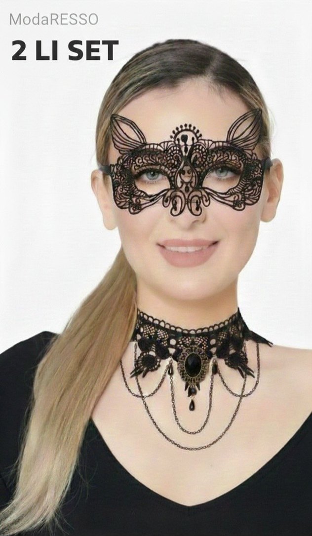 Dantel İşlemeli Siyah Gotik Kolye ve Maske Seti - Görsel 2