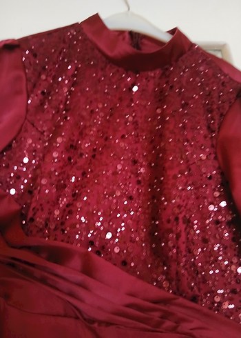 Bordo Uzun Kollu Drapeli Abiye Elbise - Görsel 2