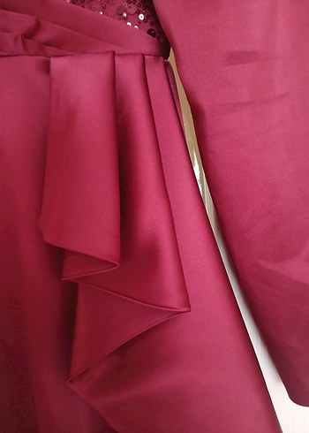 Bordo Uzun Kollu Drapeli Abiye Elbise - Görsel 3