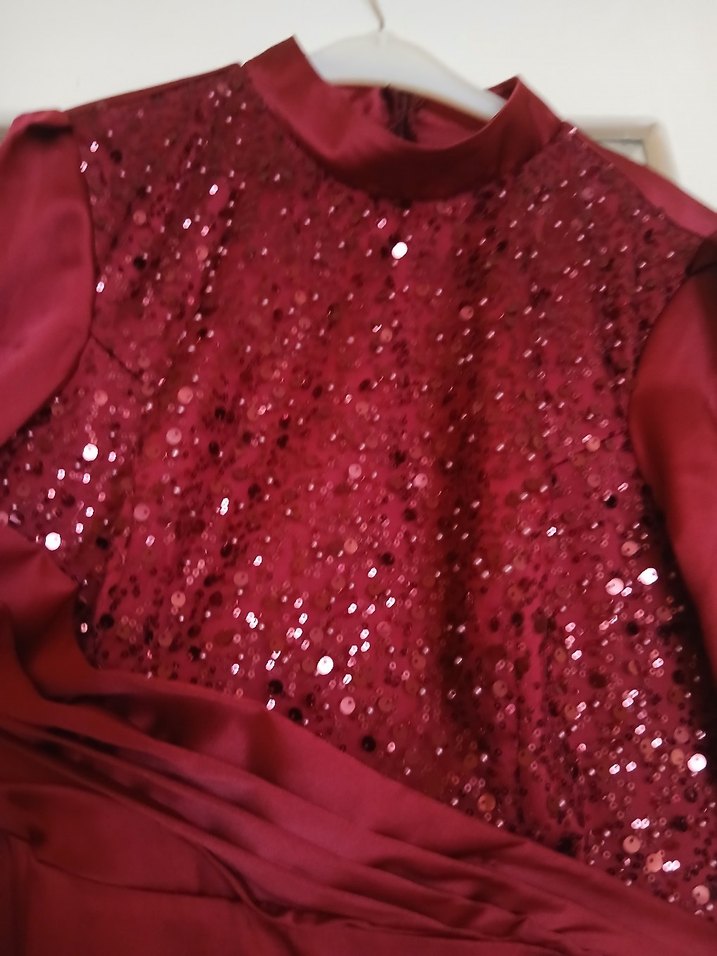 Bordo Uzun Kollu Drapeli Abiye Elbise - Görsel 2