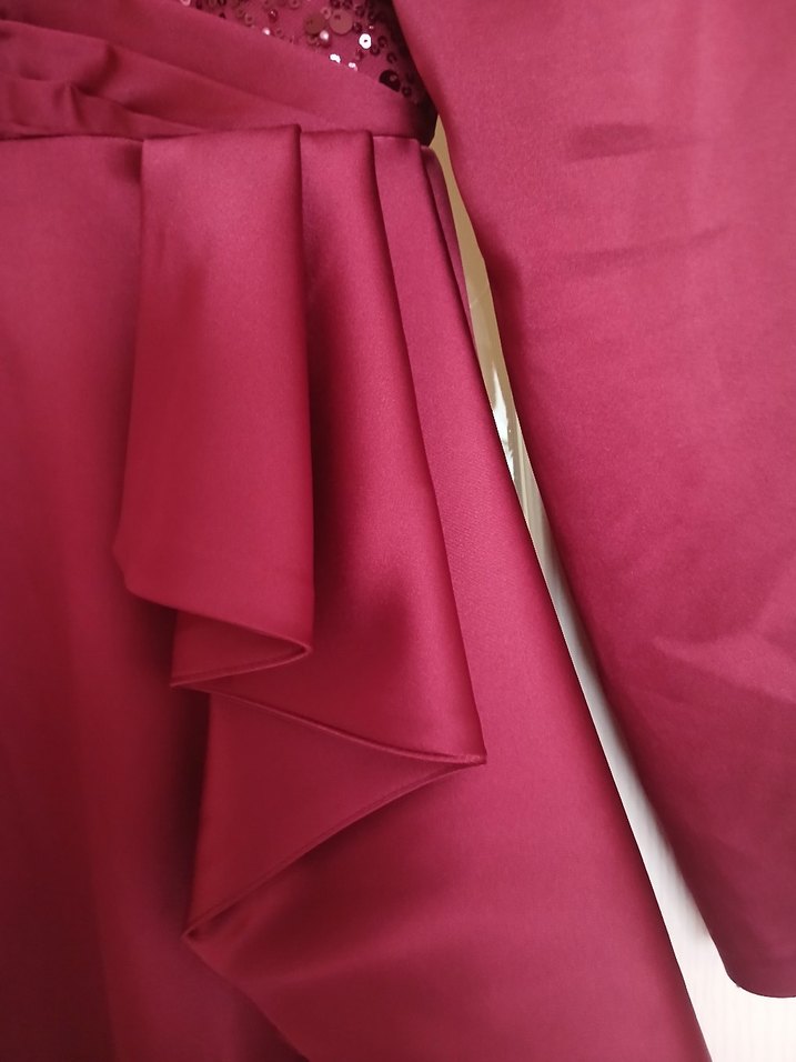 Bordo Uzun Kollu Drapeli Abiye Elbise - Görsel 3