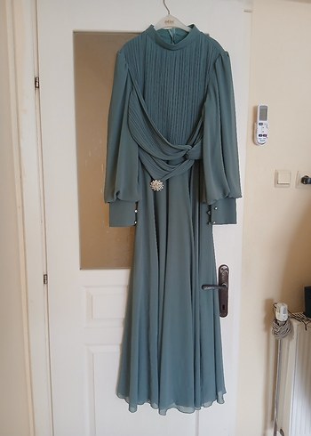 Uzun Turkuaz Drapeli Kadın Abiye Elbise - Görsel 4