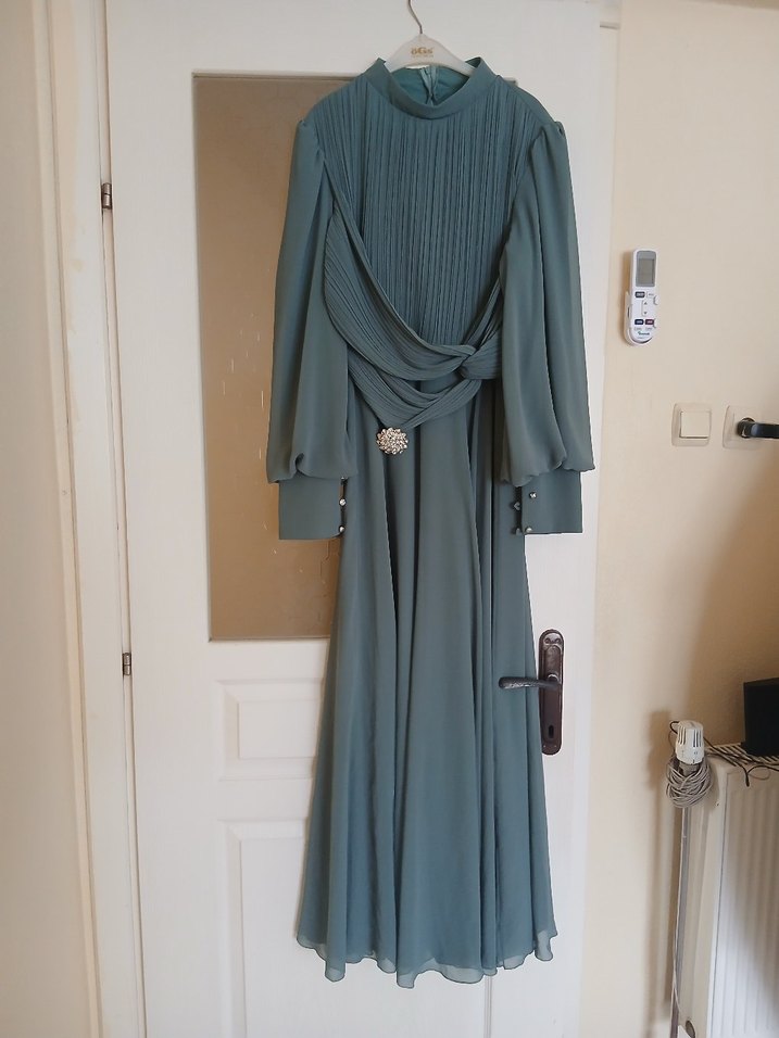 Uzun Turkuaz Drapeli Kadın Abiye Elbise - Görsel 4