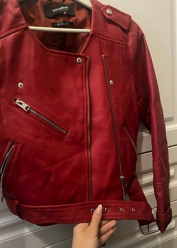Kadın Kırmızı Deri Ceket - Görsel 3