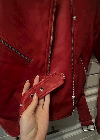 Kadın Kırmızı Deri Ceket - Görsel 4